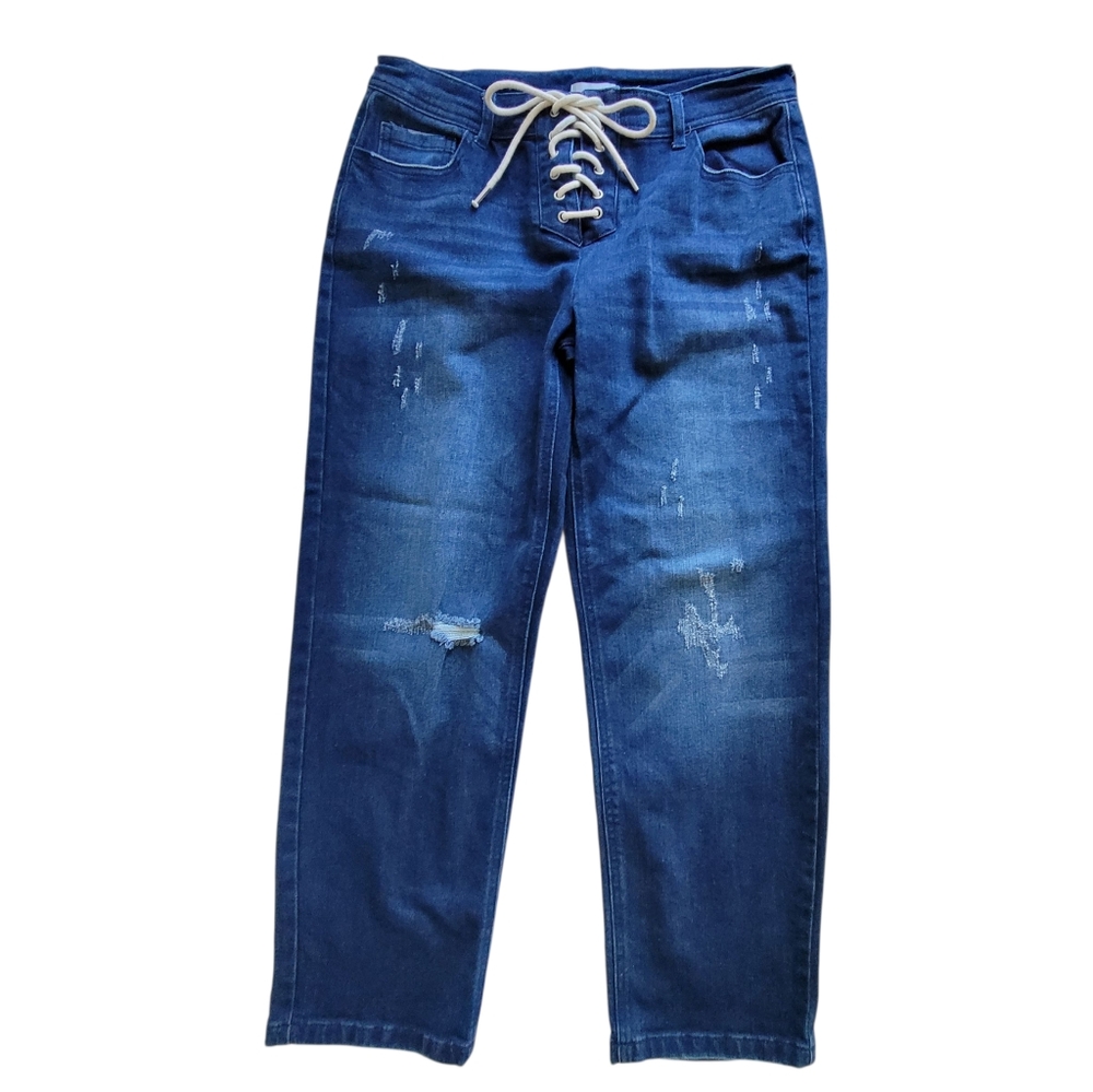 Forever 21 Lace Up Straight Leg Distressed Denim Jeans Dark Blue Womens 29